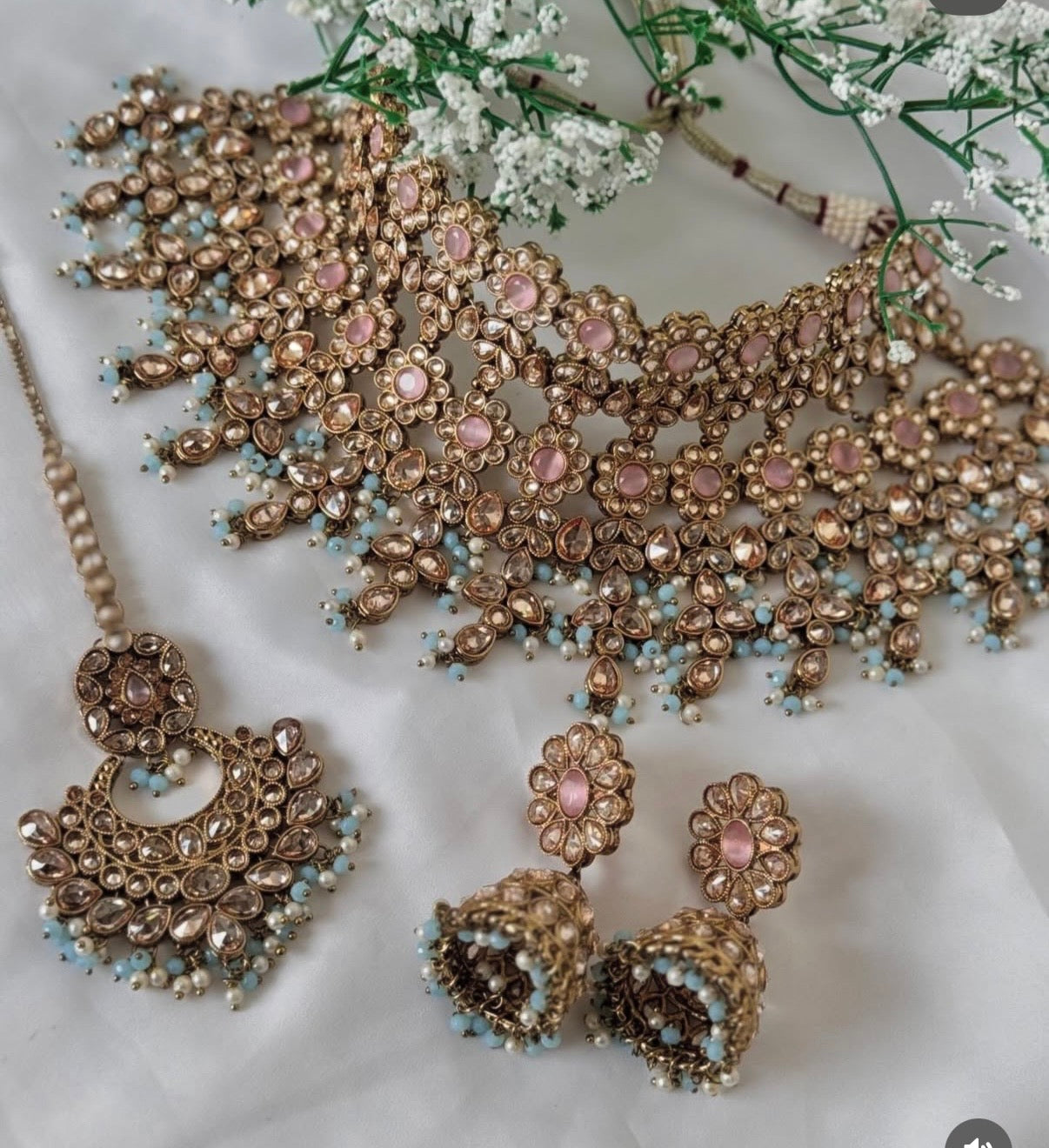 Polki Pink Blue Semi Bridal Set