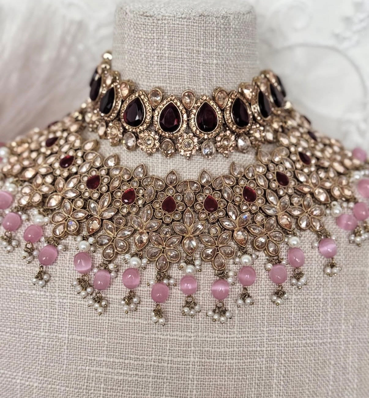 Polki Pink Maroon Semi Bridal Set