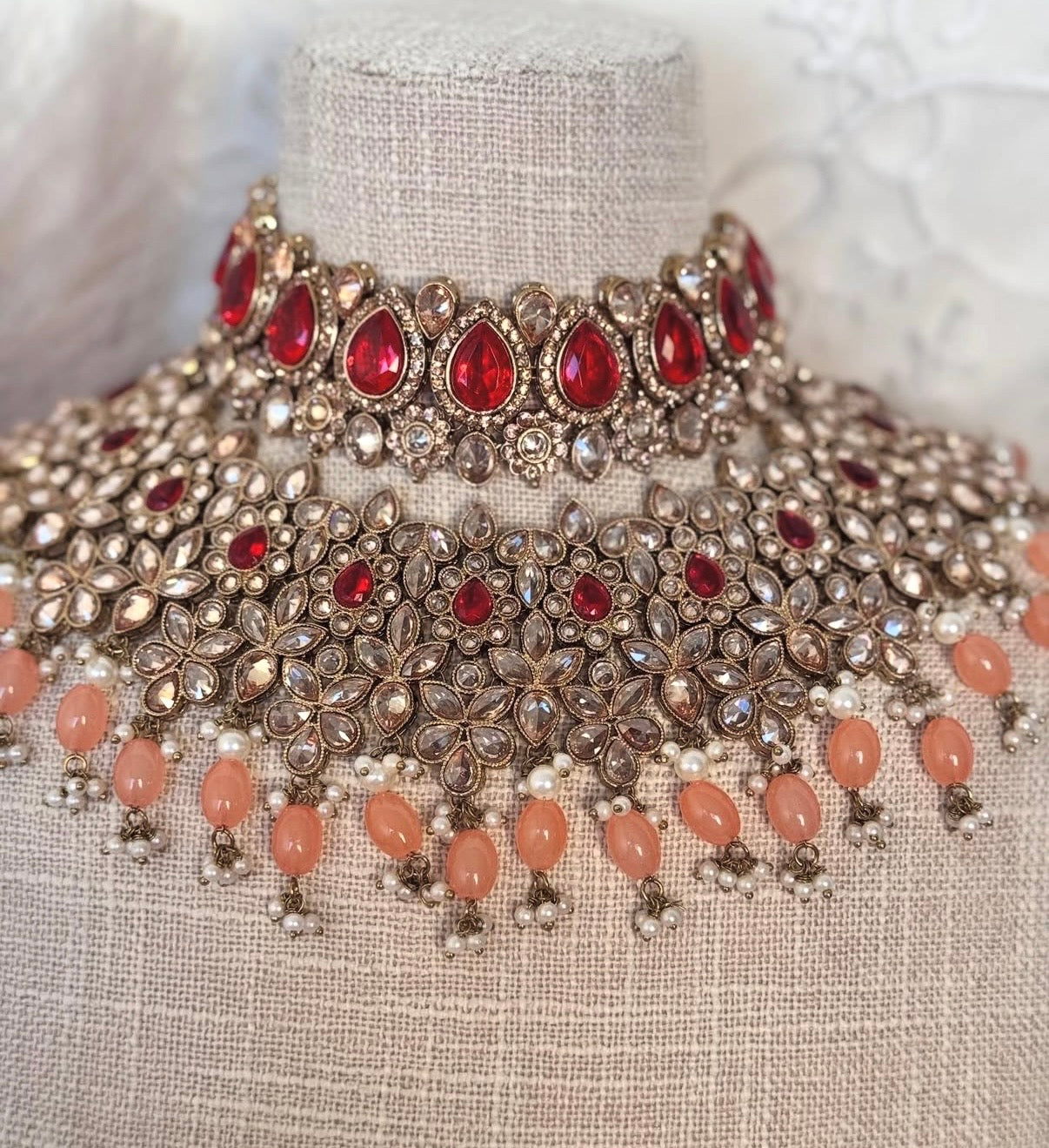 Polki Red Peach Semi Bridal Set
