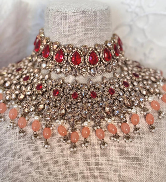 Polki Red Peach Semi Bridal Set