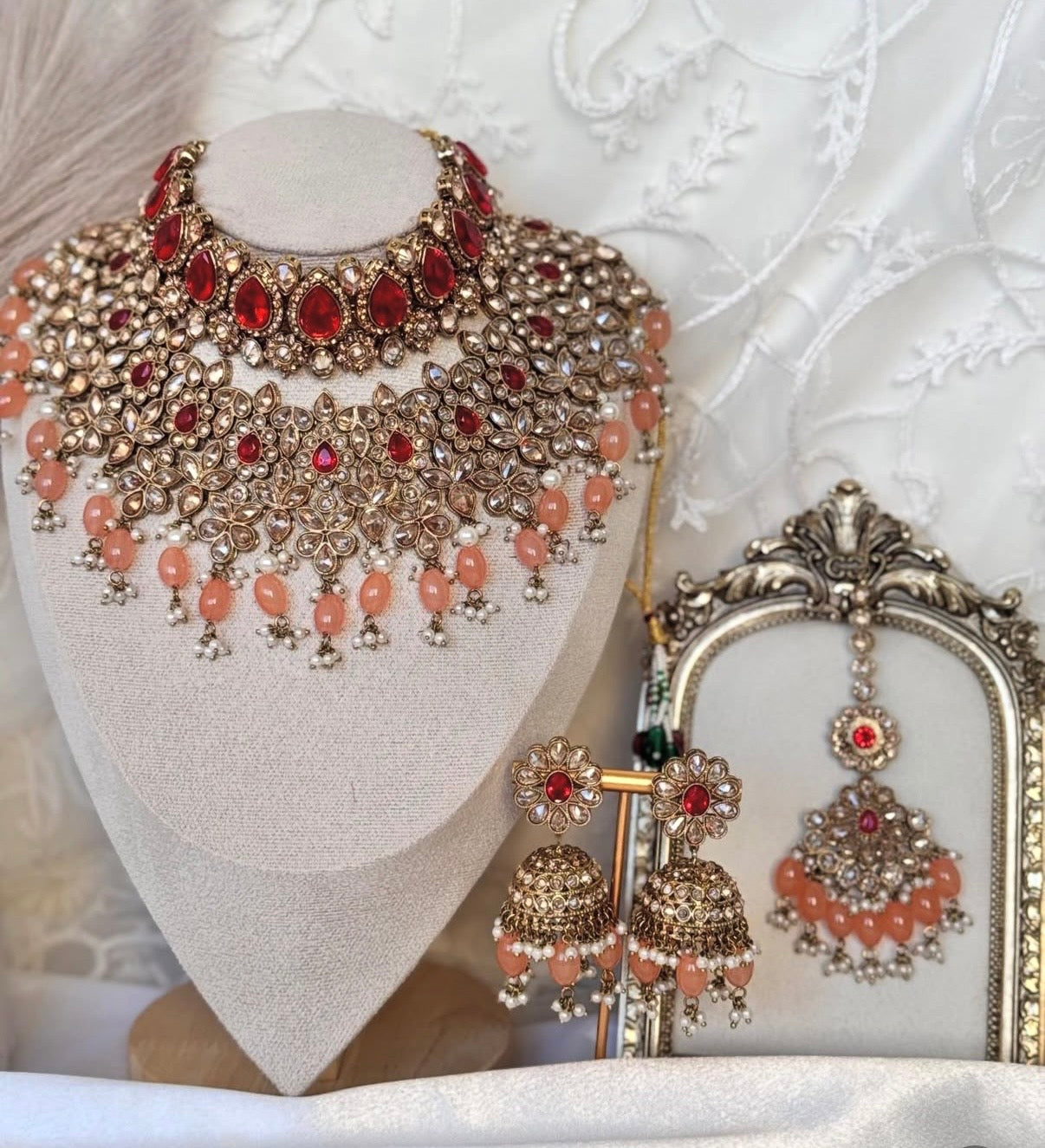 Polki Red Peach Semi Bridal Set