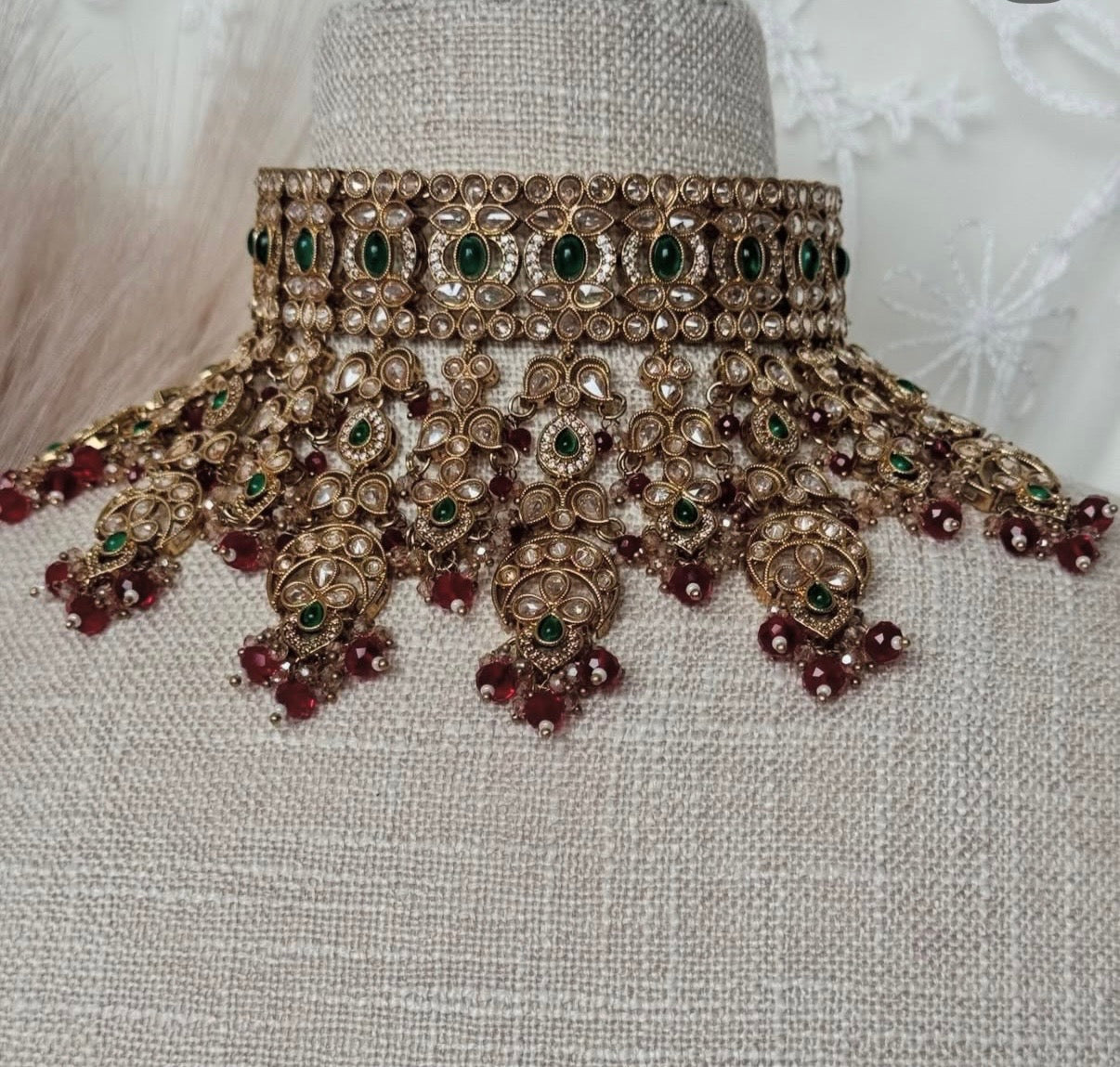 Polki Maroon Green Semi Bridal Set