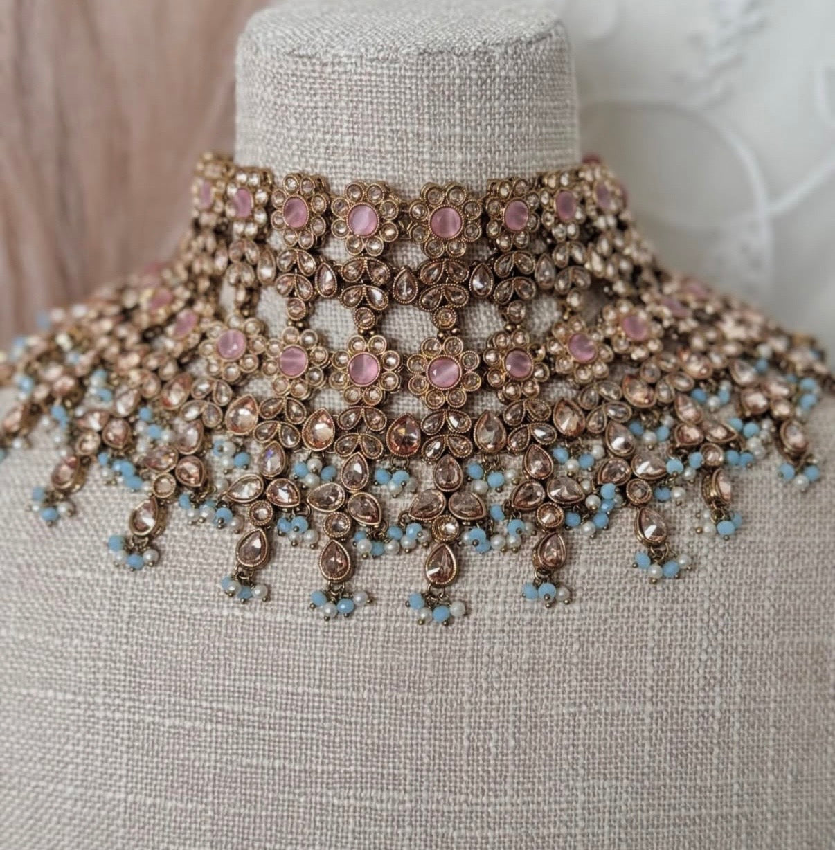 Polki Pink Blue Semi Bridal Set