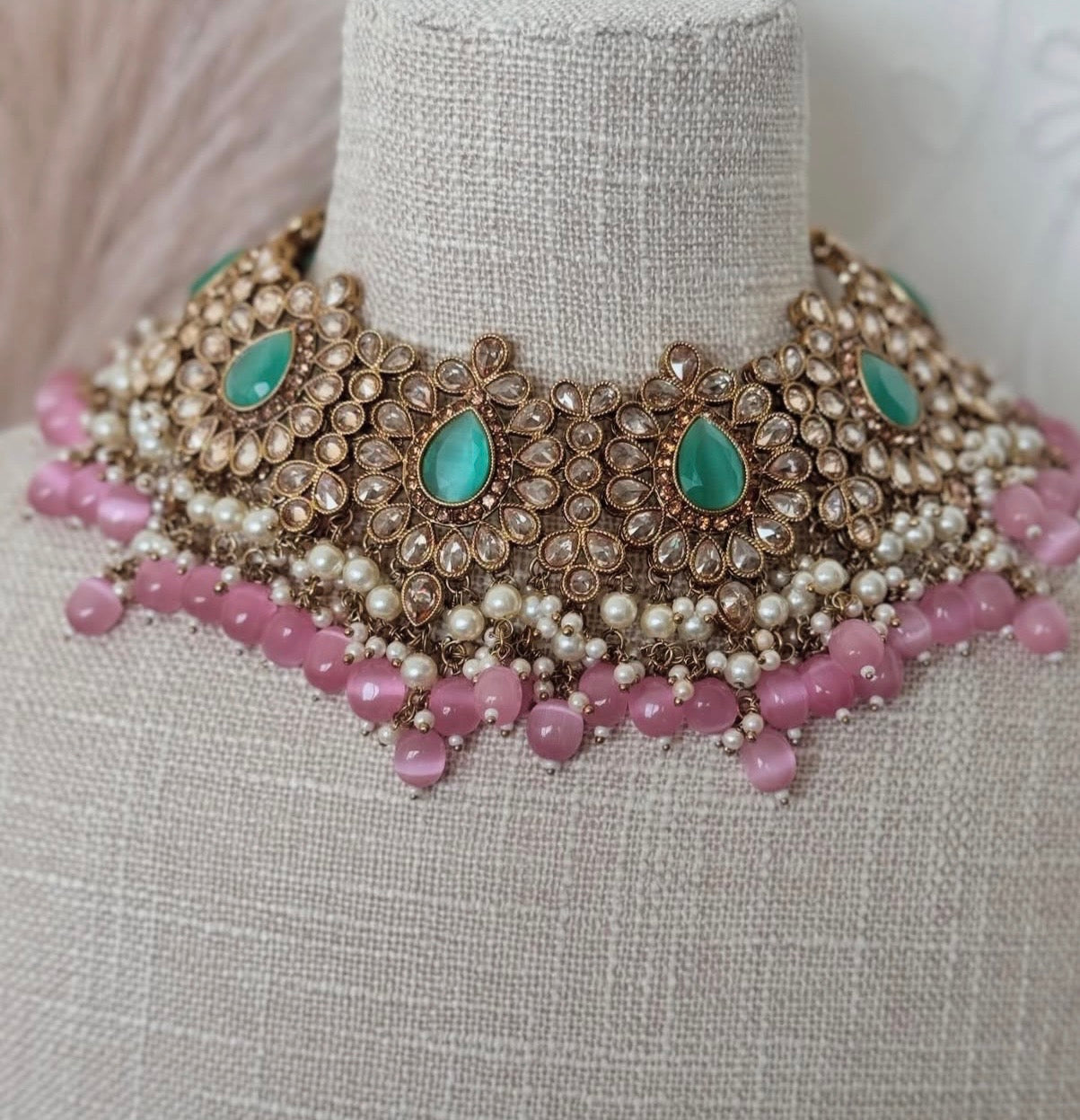 Pink Green Polki Semi Bridal Set