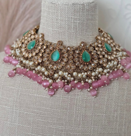 Pink Green Polki Semi Bridal Set