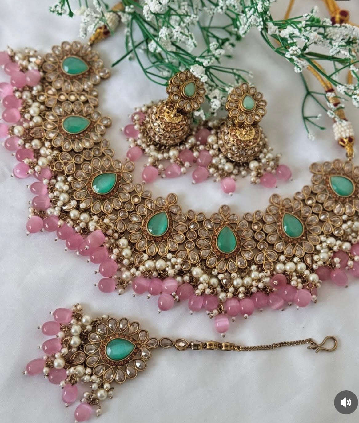 Pink Green Polki Semi Bridal Set