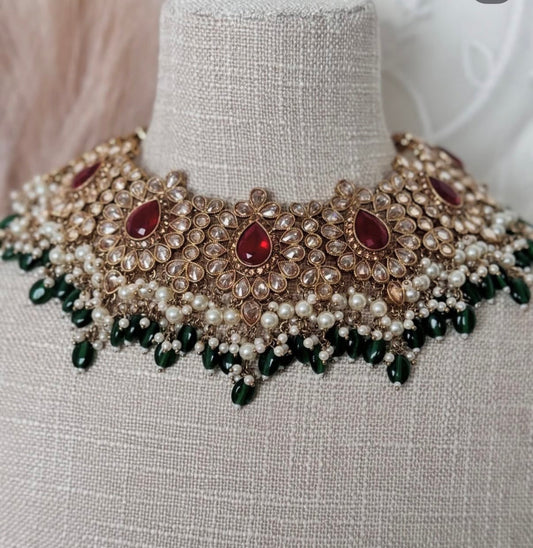 Maroon Green Polki Semi Bridal Set