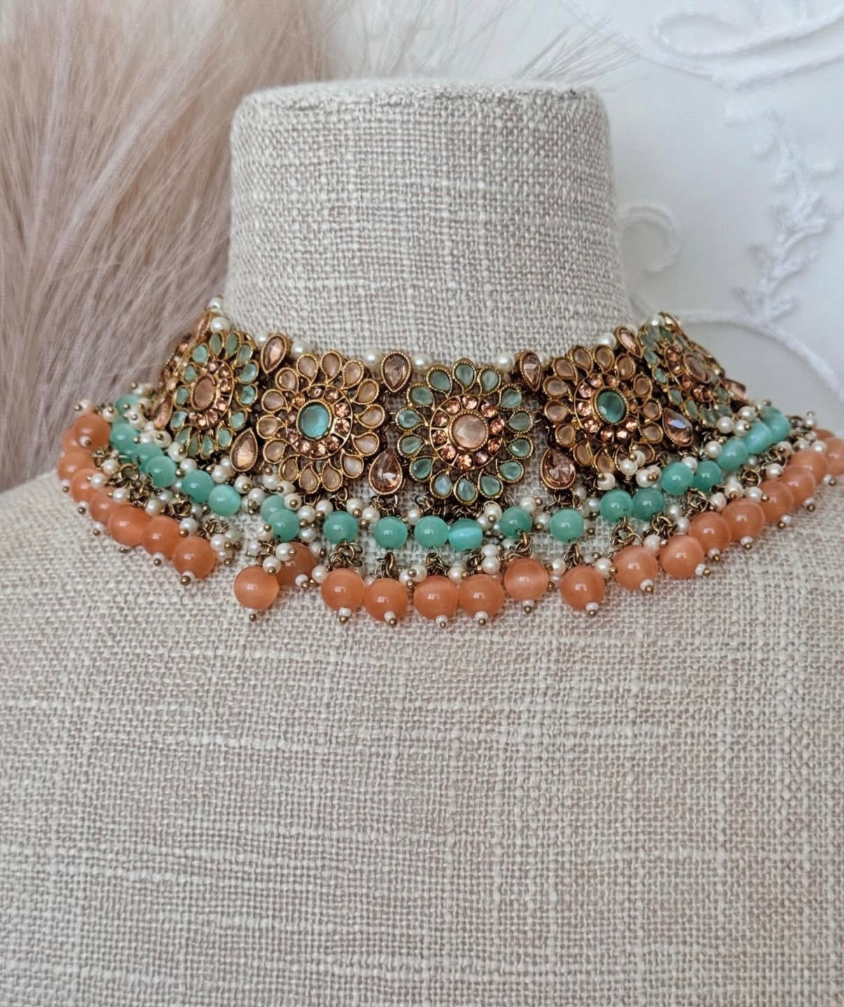 Mehar Peach Mint Polki Semi Bridal Set