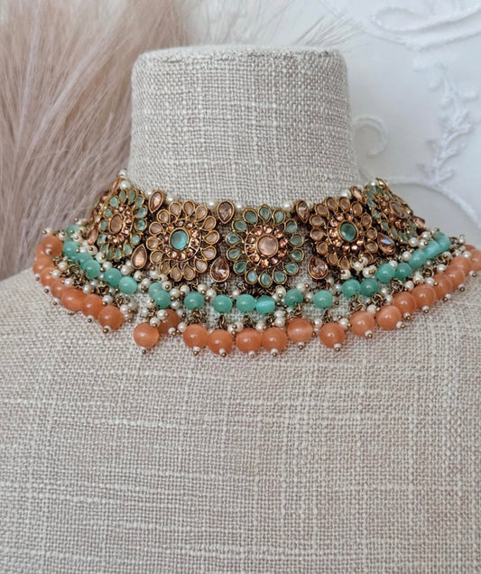 Mehar Peach Mint Polki Semi Bridal Set