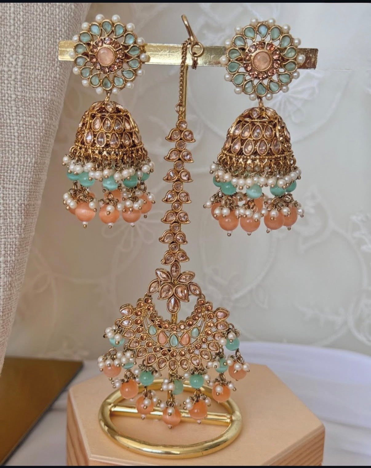 Mehar Peach Mint Polki Semi Bridal Set