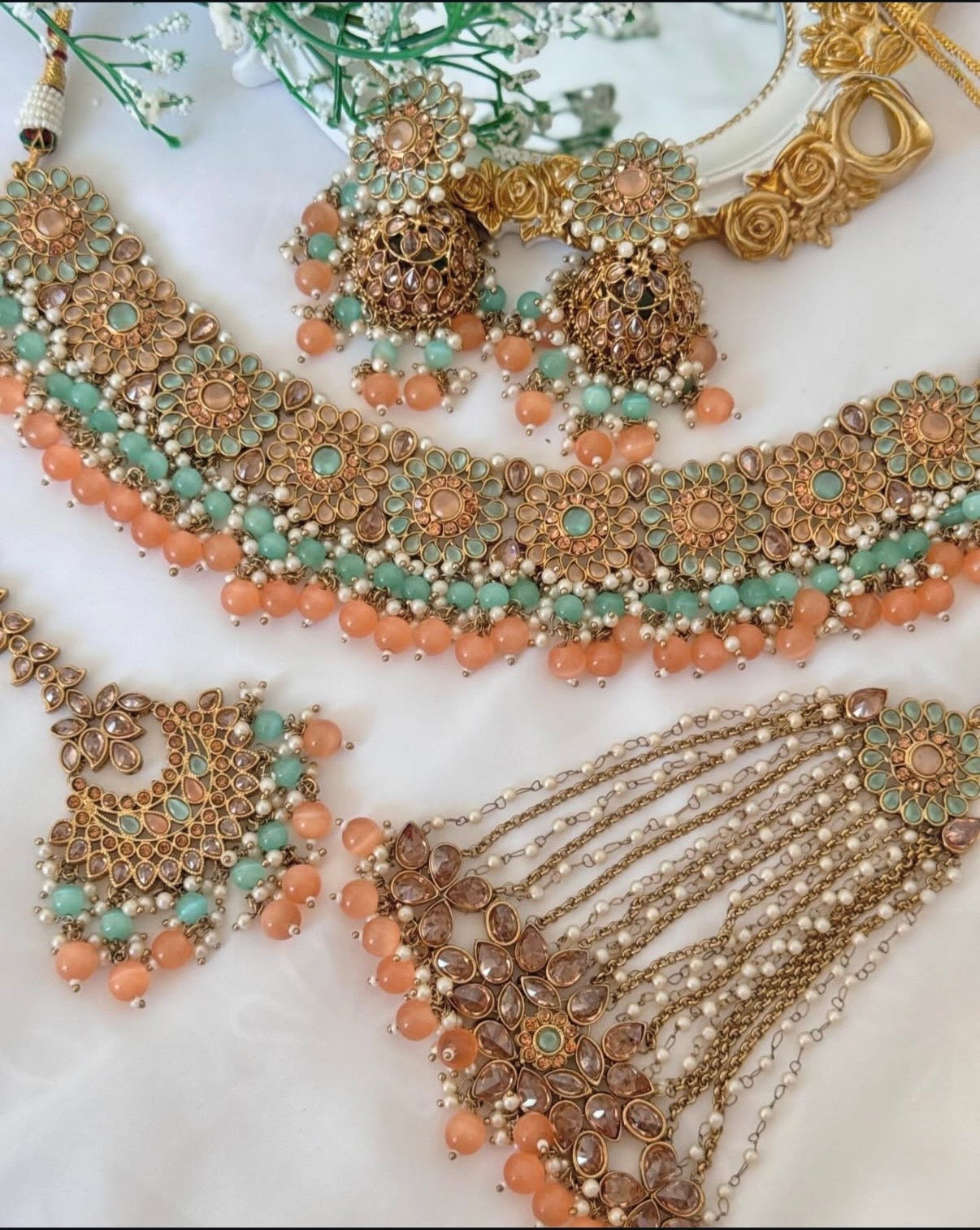 Mehar Peach Mint Polki Semi Bridal Set