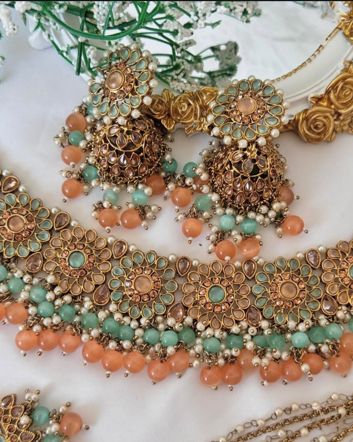 Mehar Peach Mint Polki Semi Bridal Set